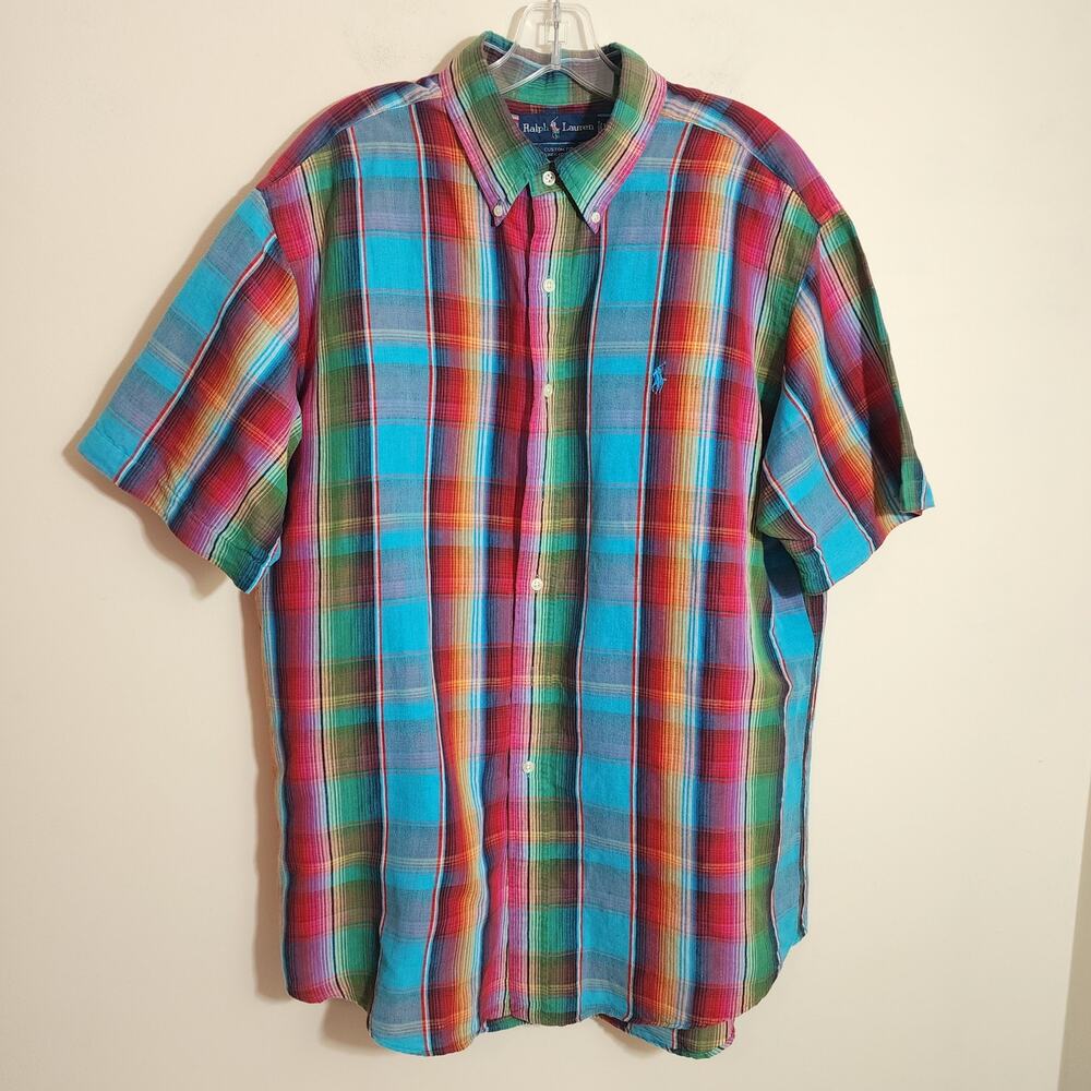 Ralph Lauren linen blend custom fit short sleeve plaid button down shirt men's L